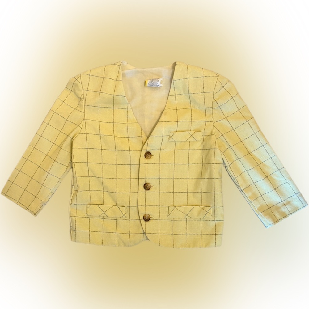 Vintage Unisex Kids Preppy Yellow Plaid Blazer with Brown Buttons 3T